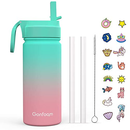 Gonfoam 16oz Kids Stainless Steel Insulated Water Bottle | DIY Stickers, BPA-free, Leak-proof, Sturdy, Keeps Cold 24h, Easy to Carry, Easy to Clean, Back to School, Gifts - color: Green and Pink, size: 16 Ounces