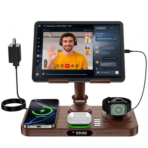 6 in 1 Wireless Charger for Apple Multiple Devices, Charging Station with Clock &7 Color Ambient Light, Foldable Rotate Stand for iPad, for iPhone17/16/15, Support for Apple Watch11/10 For AirPods4 - color: Wood Grain