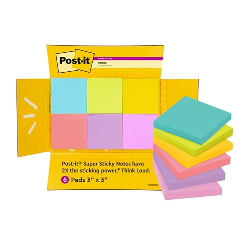 Post-it Super Sticky Notes, 3 x 3 in, Assorted Brights, 6 Pads | School Supplies and Oﬃce Supplies, 2X the Sticking Power