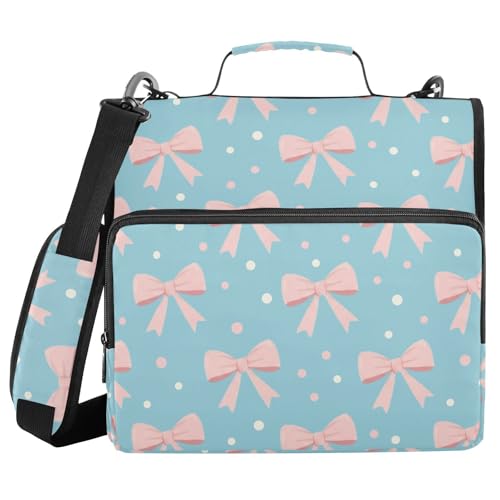 Bow Pink Blue Pattern 3 Ring Zipper Binder with Shoulder Strap & Handle 1.5 Inch D-Ring Zippered Bag with Pencil Pouch,Multiple Pocket & Expanding File Folder, Binder Organizer for School or Office - color: Bow Pink Blue