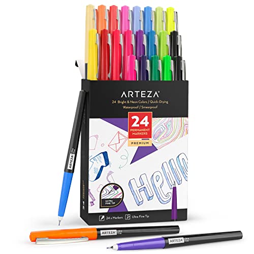 ARTEZA Permanent Markers, 24 Colors, 2-mm Line, Ultra-Fine Tip - style: Set 24, Bright & Neon Colors