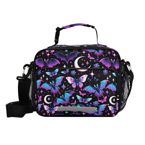 MNSRUU Student Lunch Bag Neon Purple and Bats Stars and Moons Insulated DinnerTotes Picnic Bag Lunch Box with Adjustable Shoulder Strap for Teen Kids Adults - color: Bats A8889