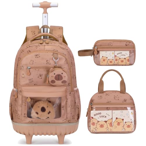 Capybara Theme Rolling Backpack with Lunch Bag & Pencil Case, Kids Rolling Backpack for Girls, Wheeled School Bookbag with Telescoping Handle for Kindergarten Elementary Middle High School - color: Brown