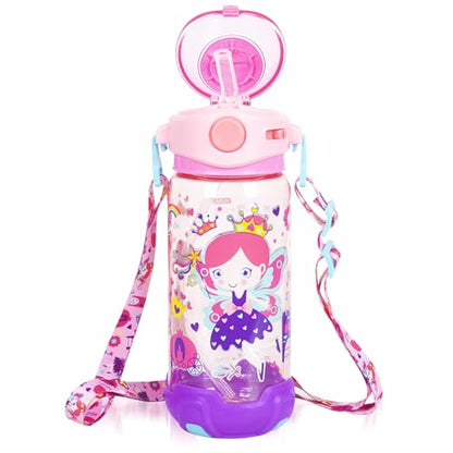 Kids Water Bottle with Straw/Lanyard for School Kids Girls Boys, 22oz BPA Free Child Drinking Water Bottle One-Click-Open Leak-Proof Locking Flip Lid for School Sport Travel - color: H10. Flower Fairy