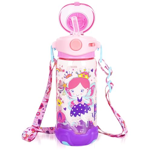 Kids Water Bottle with Straw/Lanyard for School Kids Girls Boys, 22oz BPA Free Child Drinking Water Bottle One-Click-Open Leak-Proof Locking Flip Lid for School Sport Travel - color: H10. Flower Fairy