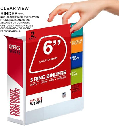 3 Ring Binders, 6 Inch D Ring Heavy Duty Large Binder with Pockets for 8.5" x 11" Sheet Size, Durable Non-Stick Customizable Clear View Cover (White) - color: White, size: 6 Inch (1 Pack)