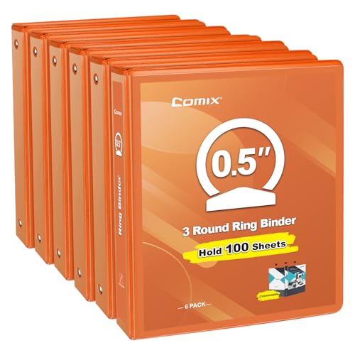 COMIX 3 Ring Binder 1/2 inch with Clear View Cover, 0.5" View Binder Holds 100 Sheets of US Letter Size Paper, 6 Pack (Orange) - color: Orange, size: 0.5 inch, style: 6-Pack