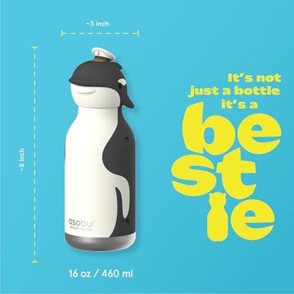 asobu Bestie Bottle Limited Edition Collectible Kids Water Bottle with Animal Character Lid 16oz (460ml) Insulated Stainless Steel, Leakproof, Reusable with Straw Fun Gift for Girls & Boys - color: GUS THE KILLER WHALE