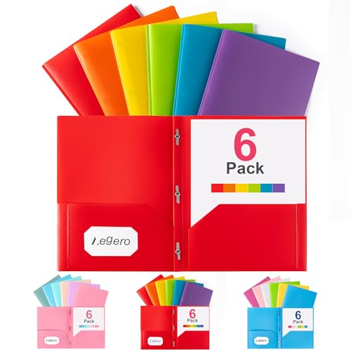 Aegero Folders with Pockets and Prong with Fasteners (6 Pack, Assorted Colors),Durable Plastic Pocket Folders with Prongs,Tear Resistant,2 Pocket 3 Prong Folders for Schoolwork & Office,Letter Size - color: Rainbow, size: 1 Set（6pack）