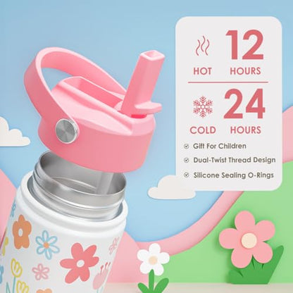SANDJEST Kids Water Bottle Stainless Steel with Straw Lid, Floral Water Bottle 12oz, Travel Tumbler, Gifts for Girls, Birthday, Christmas, Back To School - color: Floral 1