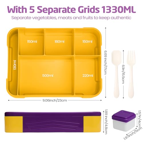 Ziliny Lunch Box Kids with Insulated Lunch Bag, 45 oz Bento Box for Boys Girls,Large Nylon Preppy Lunch Bag with Adjustable Shoulder Strap Reusable Bento Box for School Picnic(Purple,Purple Yellow)