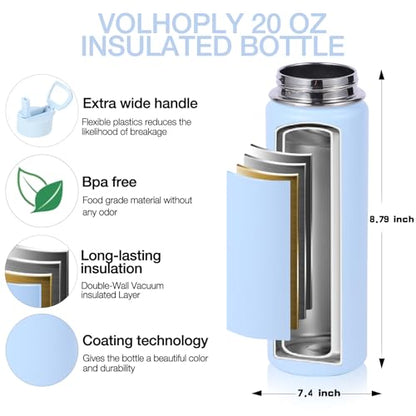 Volhoply 20oz Insulated Stainless Steel Water Bottle with Straw Lid, Kids Wide Mouth Double Wall Vacuum Cups with Handle,Reusable Outdoor Sports Metal Bottles,Travel Flask Keep Cold&Hot(Blue,1) - color: Blue