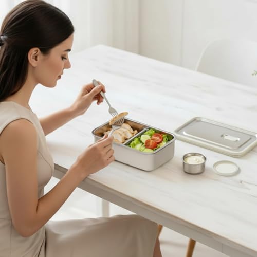 Modaniam Stainless Steel Bento Box, Stainless Steel Lunch Box for Adults, 42 OZ, Metal Lunch Box, Lunch Containers with Compartment, Vanilla, Leak Proof - color: Vanilla: 42 OZ Lunch Box Set