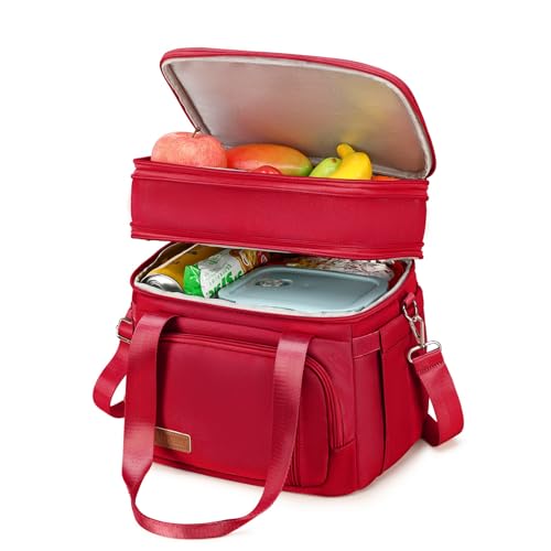 MAPLELILY Lunch Box for Men Women - Double Deck Insulated Lunch Bag, Large Leak Proof Tote Cooler, Wide Open Dual Compartment Lunch Bags with Shoulder Strap, For Work Picnic Hiking Beach, Red - color: Red