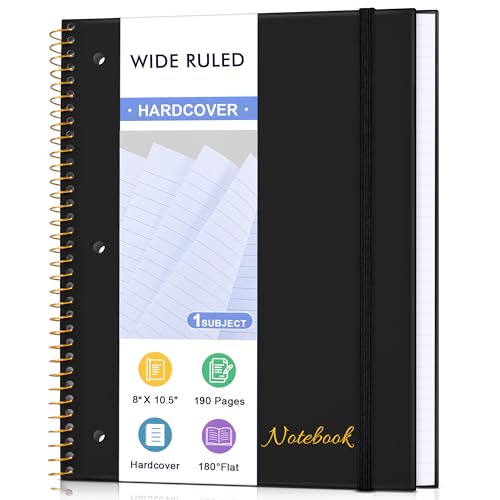 MUAHLIUB Spiral Notebook Wide Ruled Paper 8" x 10 1/2", 1 Subject Spiral Notebook, 3-Hole Punched Perforated Pages Ideal for School, Office, Writing, 95 Sheets Lined Journaling Notebook, Black - color: Black