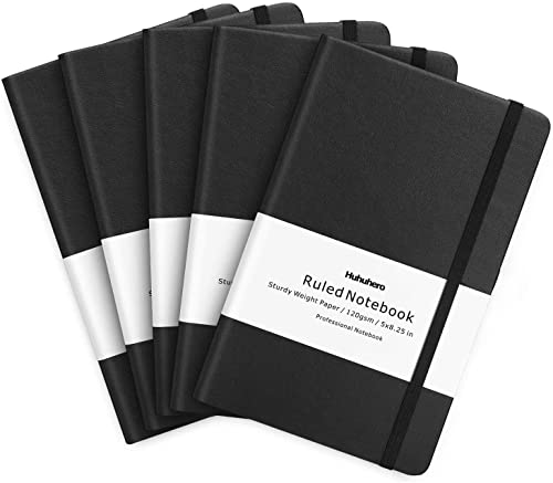 Huhuhero 5 Pack Lined Journal Notebooks, Hardcover Notebook for Work School Office, 5"×8.25", 120Gsm Thick Ruled Writing Journals for Note Taking Business, Black - color: Black, size: 5