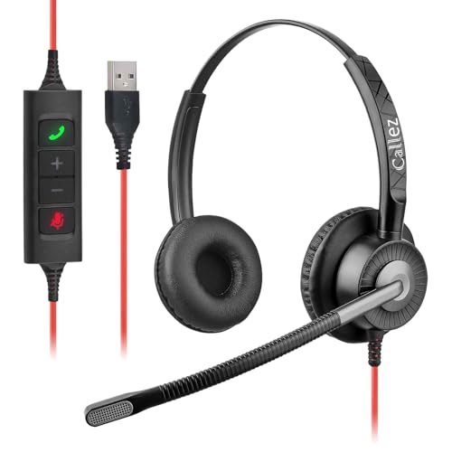 Callez Wired USB Headset with ENC Dual Noise Cancelling Mics for PC Laptop | Computer Headset, Professional Work Headphones for Office Teams Zoom Call Center, Laptop Headset with Mic, Teams Call Control