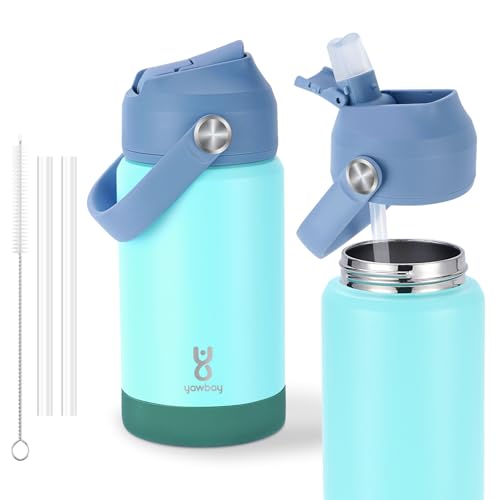 Kids Insulated Water Bottle with Straw Lid & Silicone Handle,12oz Kids Leak Proof Water Bottle for School Boys Girls,Double Wall Vacuum Stainless Steel with Non-slip Silicone Base(Light Green) - color: Bluish Green, size: 12 Ounces