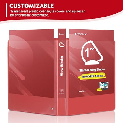 COMIX Sturdy 1 Inch Binders 3 Ring with Clear View Cover, 1" Slant-D Ring View Binder Holds 225 Sheets of US Letter Size Paper, 6 Pack (Red) - color: Red, size: 1 inch