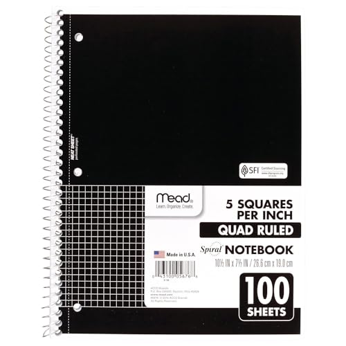 Mead Spiral Notebook, 1 Subject, Graph Ruled Paper, 7-1/2" x 10-1/2", 100 Sheets, Black (05676AA5) - color: Black