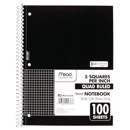 Mead Spiral Notebook, 1 Subject, Graph Ruled Paper, 7-1/2" x 10-1/2", 100 Sheets, Black (05676AA5) - color: Black