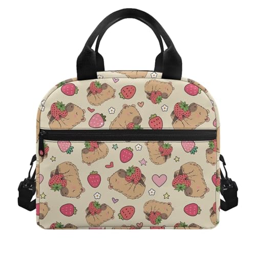 Cute Capybara Kindergarten Lunch Box for Girls 4-6 Strawberry Preschool Lunch Box for Girls 6-8 Kindergarten Meal Bag Toddler Students Elementary School Adjustable Shoulder Strap Lightweight - color: Strawberry Cute Capybara