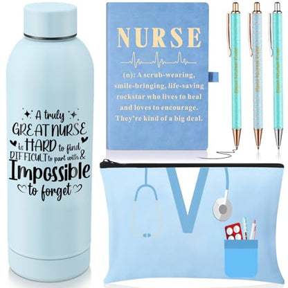6 Pcs Nurse Gifts Set for Women Men, Rn Appreciation Gift for Nurses Week Christmas Graduation Thanksgiving, 16oz Vacuum Insulated Water Bottle, Makeup Bag, Notebook, Ballpoint Pens(Blue) - color: Blue