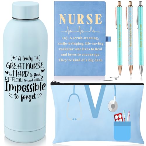 6 Pcs Nurse Gifts Set for Women Men, Rn Appreciation Gift for Nurses Week Christmas Graduation Thanksgiving, 16oz Vacuum Insulated Water Bottle, Makeup Bag, Notebook, Ballpoint Pens(Blue) - color: Blue