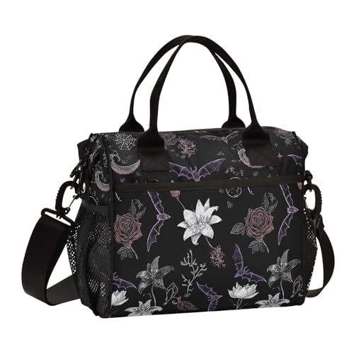 Bat Floral Black Lunch Bag & Lunch Box for Women with Adjustable Strap, M | Insulated Portable Lunch Totem Bag Cooler Bag for School Hiking Office Picnic - color: lunch 30, size: Medium