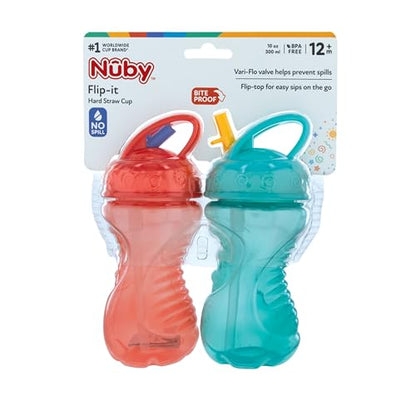 Nuby Flip-It Hard Straw Cups with Vari-Flo Straw - (2 Pack) 10 oz - Spill-Resistant - 12+ Months - Aqua/Red - color: Aqua & Red