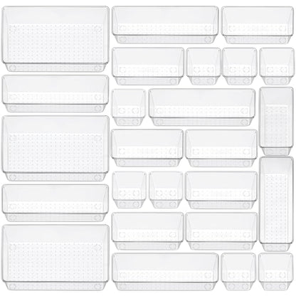 25 Piece Clear Drawer Organizer Set, 4 Sizes Bathroom Vanity Organizer Trays and Storage Bins for Makeup, Cosmetics, Jewelry, and Gadgets. Perfect for Office, Kitchen, Bedroom, Bathroom Use. - size: 25pcs-4size
