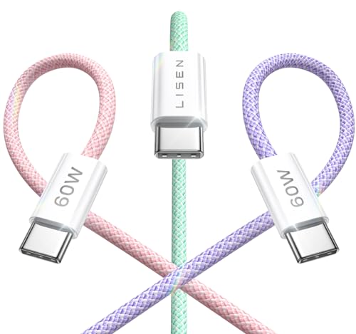 LISEN USB C Cable, 3-Pack [3.3/3.3/3.3FT] USBC to USBC Cable for iPhone 16e 15 Pro Max Charger Cord, 60W (3.1A) C to C Cable Fast Charging for Samsung S25/S24/23, Switch 2, iPad, MacBook - color: Multicolored, size: 3.3+3.3+3.3FT