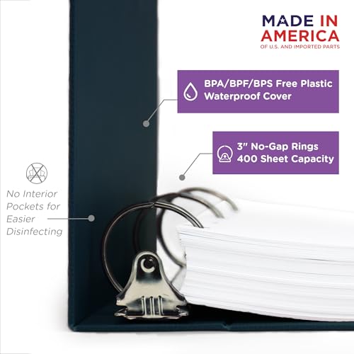 Carstens 3-Inch Heavy Duty 3-Ring Binder - Side Opening, Navy Blue, Durable Plastic, Precision No-Gap Rings, Waterproof Cover, No Pockets, Holds 400 US Letter Sheets, BPA-Free, Made in USA (1749-3R) - color: Navy Blue, size: Case of 14