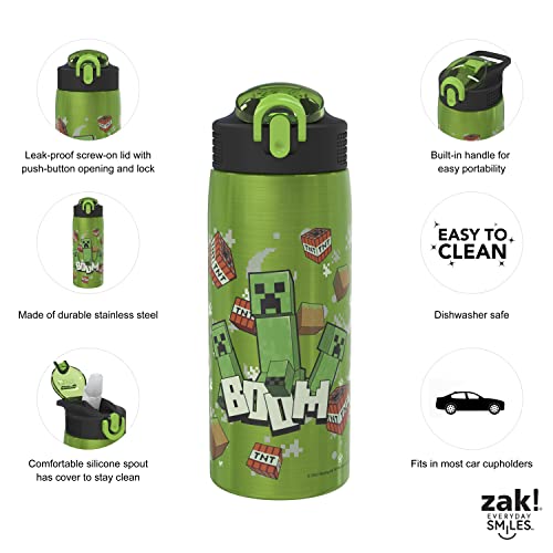 Zak Designs Minecraft Water Bottle for Travel and At Home, 19 oz Vacuum Insulated Stainless Steel with Locking Spout Cover, Built-In Carrying Loop, Leak-Proof Design (Creeper) - color: Minecraft