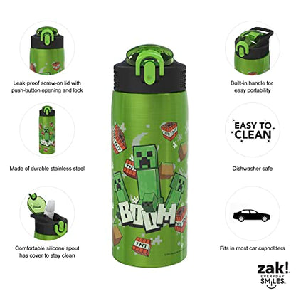 Zak Designs Minecraft Water Bottle for Travel and At Home, 19 oz Vacuum Insulated Stainless Steel with Locking Spout Cover, Built-In Carrying Loop, Leak-Proof Design (Creeper) - color: Minecraft