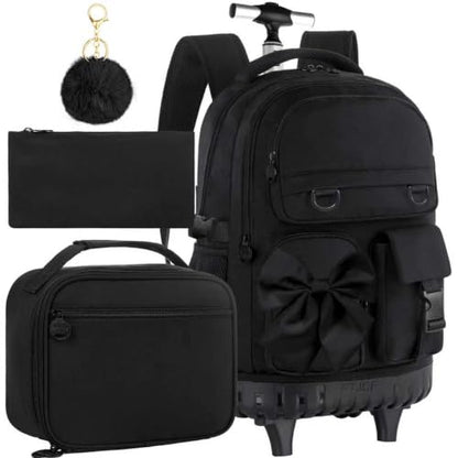HPJGD 3PCS Girls Backpack with Wheels, Black Bow Tie Roller School Backpacks, Water-Resistant Rolling Wheeled Bookbag Set - color: Black Bowknot Rolling Backpack Set