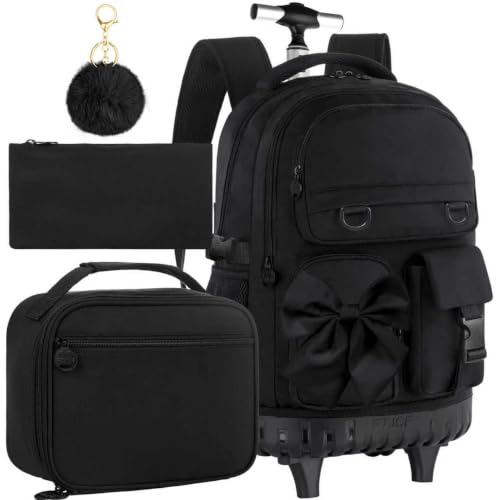 HPJGD 3PCS Girls Backpack with Wheels, Black Bow Tie Roller School Backpacks, Water-Resistant Rolling Wheeled Bookbag Set - color: Black Bowknot Rolling Backpack Set