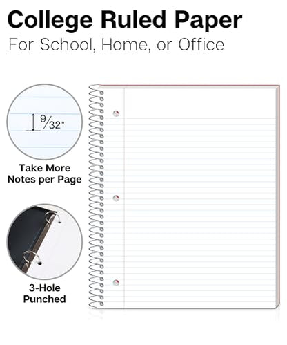 Dunwell 3 Subject Notebook College Ruled (Red), 150 Sheets (300 Pages), Spiral Notebook 8.5 x 11, Plastic Cover, 3 Pocket Divider Folders, 3-Hole Punched Perforated Paper - color: Red