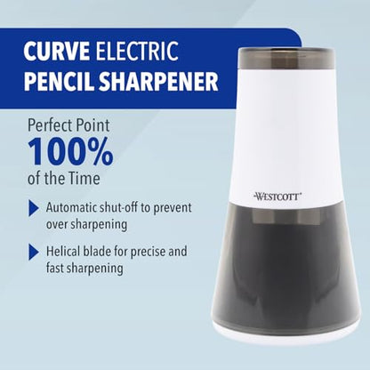 Westcott iPoint Curve Electric Pencil Sharpener - Sharpen Regular, Graphite, and Drawing Pencils - Office and School Supplies for Teachers and Kids - Compact - Corded Plug-in Design - White