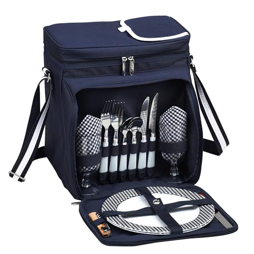 Picnic at Ascot Original Insulated Picnic Basket/Cooler Equipped with Service for 2- Designed, Assembled & Quality Approved in the USA - color: Navy/White