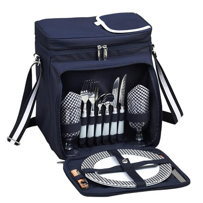 Picnic at Ascot Original Insulated Picnic Basket/Cooler Equipped with Service for 2- Designed, Assembled & Quality Approved in the USA - color: Navy/White