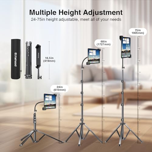 elitehood Diagonal iPad Tripod Stand, 72in Gooseneck Tablet Floor Stand | Quick Lock & Easy Use Diagonal iPad Holder, Heavy Duty Aluminum Tall iPad Stand for Pro 13 11, Mini, Air and 9-13" Tablets - size: 9–13" · Diagonal Clamp