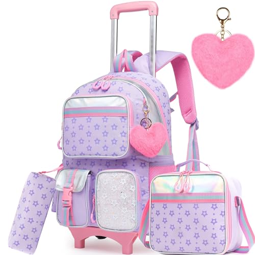 Meetbelify Girls Rolling Backpack with Wheels - Cute Kawaii Carry On Backpack for Elementary Students - Purple - color: Star Purple