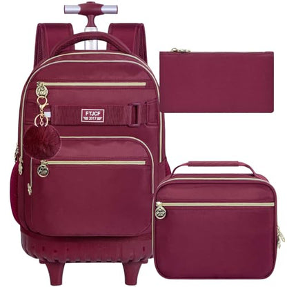 HPJGD 3PCS Girls Rolling Bookbag, Womens Wine Red School Backpacks with Wheels, Water Resistant Roller Kids Wheeled Bookbag Set - color: Classic Wine Red Rolling Backpack Set