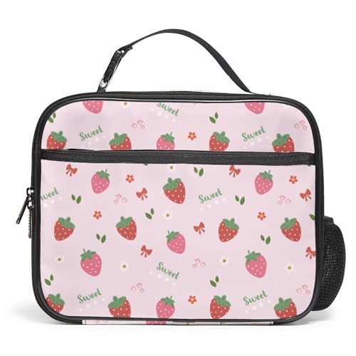 WOBAGMEN Strawberry Lunch Box for Kids, Cute Insulated Lunch Bag for Boys Girls,Waterproof Lunch Box with Water Bottle Holder for Teens Adults Picnic Travel Back to School (Pink Strawberry Bow) - color: Pink Strawberry Bow