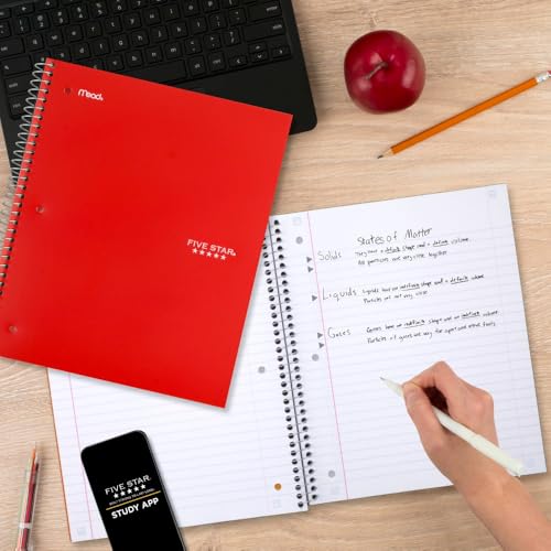 Five Star Spiral Notebook + Study App, 3 Pack, 3 Subject, Wide Ruled Paper, 8" x 10-1/2", Tidewater Blue, Fire Red, Black (930081)