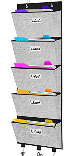 homyfort Over the Door File Organizer,Wall Mounted Hanging File Folder Holder Mail organizers,Home Office Supplies Storage Pocket Chart for Paper,Magazine,Notebooks,Planners,5 Large Pockets (White) - color: White
