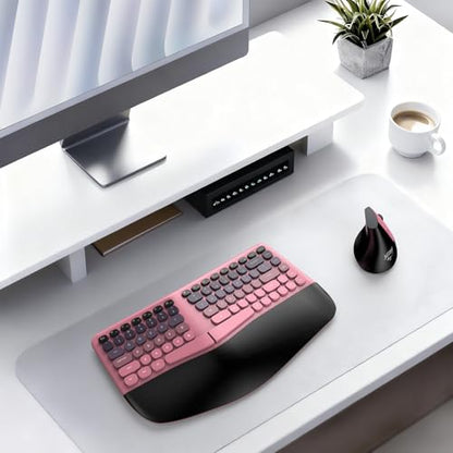 MOFII Wireless Ergonomic Keyboard & Mouse Combo – Split Curved Keyboard with Wrist Rest (All-Day Comfort) + Wireless Vertical Ergonomic Optical Mouse, Compatible with PC/Laptop/Desktop- Pink Gradient - color: Black Pink Gradient