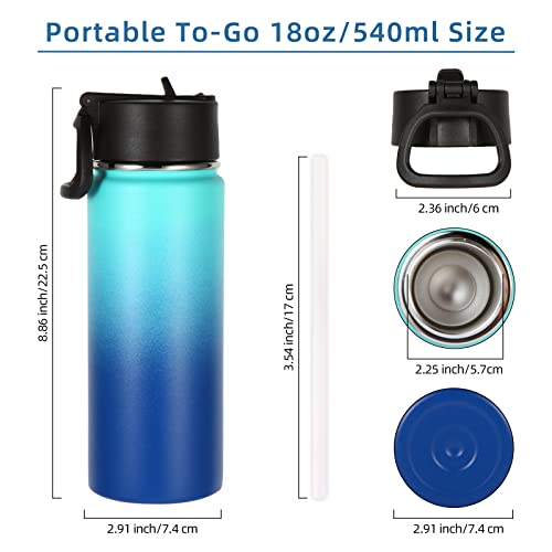 Volhoply 18oz Kids Insulated Water Bottle,Stainless Steel Water Bottles with Straw Lid,Wide Mouth Reusable Metal Water Bottle,Double Wall Vacuum Sports Flask For Cold Drink(Green Blue,1 Set) - color: Green Blue
