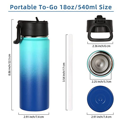 Volhoply 18oz Kids Insulated Water Bottle,Stainless Steel Water Bottles with Straw Lid,Wide Mouth Reusable Metal Water Bottle,Double Wall Vacuum Sports Flask For Cold Drink(Green Blue,1 Set) - color: Green Blue